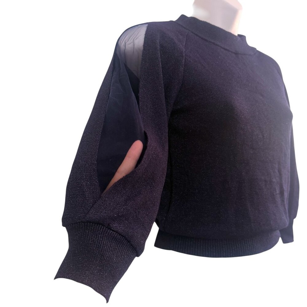 Midnight Blue Sparkle Knit Sheer Sleeve Top NWT | S - Picture 5 of 9